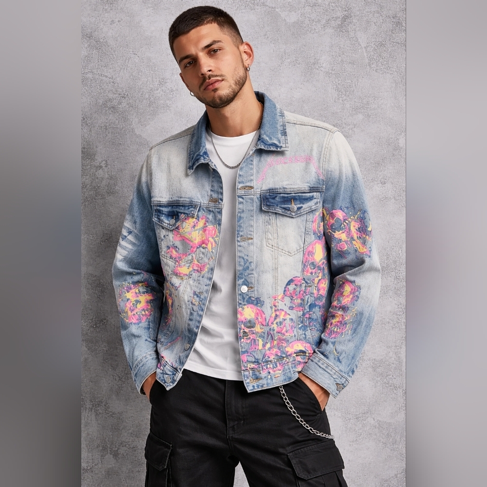 Mackeen Graffiti Pink Skull Jean Jacket Streetwear Casual